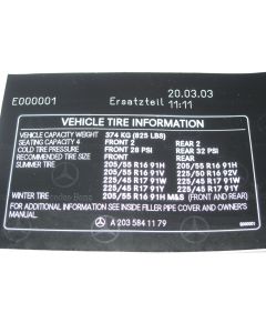 Mercedes W203 Tyre Pressure Chart Table Label Sticker A2035841179 New Genuine